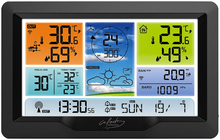 infactory Grosse Wetterstation XXL: Funk-Wetterstation mit XL-Farbdisplay, Aussensensor und Wecker (