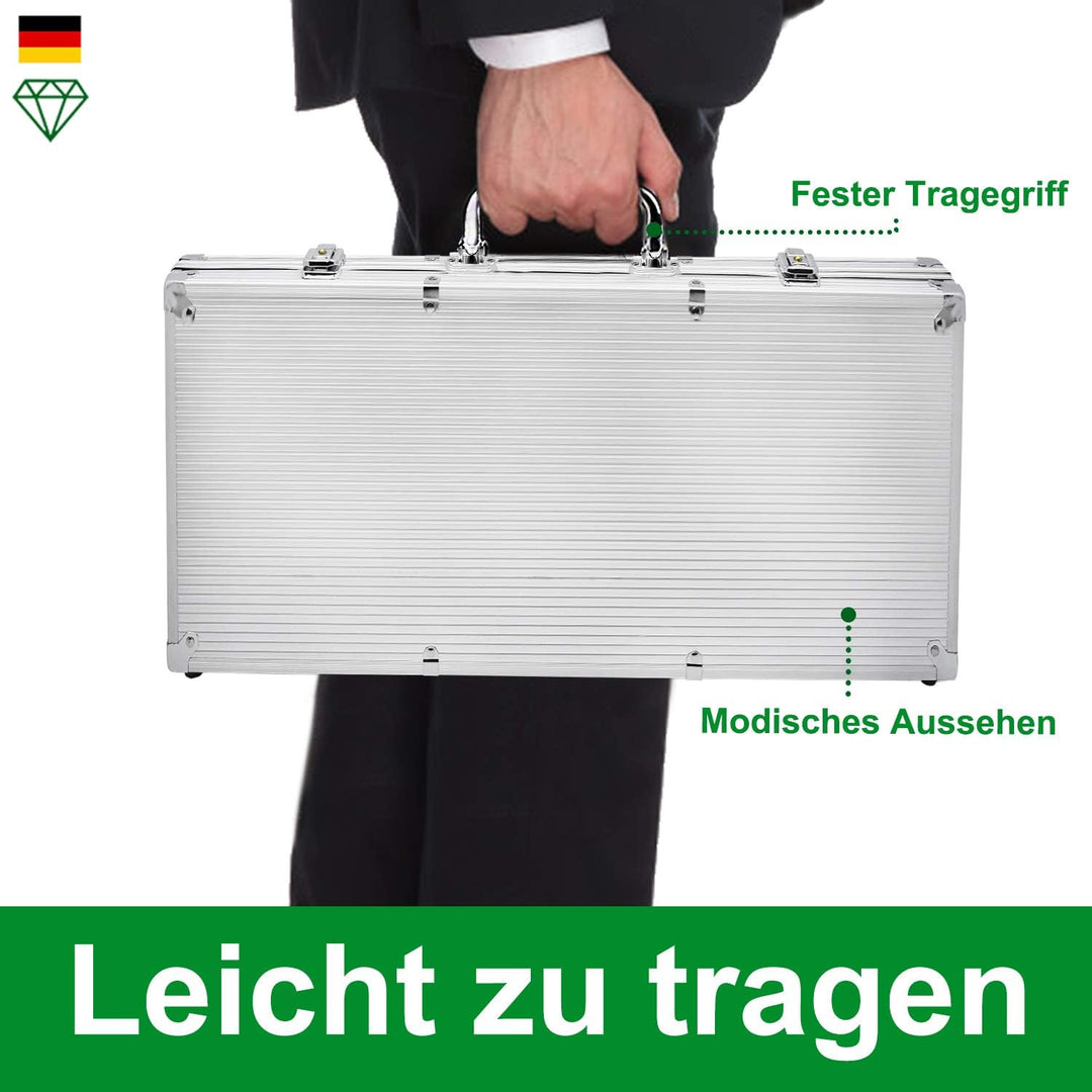 Pokerkoffer Set 500 Chips Pokerset mit 2 Pokerdecks, 5 Würfeln & Dealer-Buttons im Aluminiumkoffer (