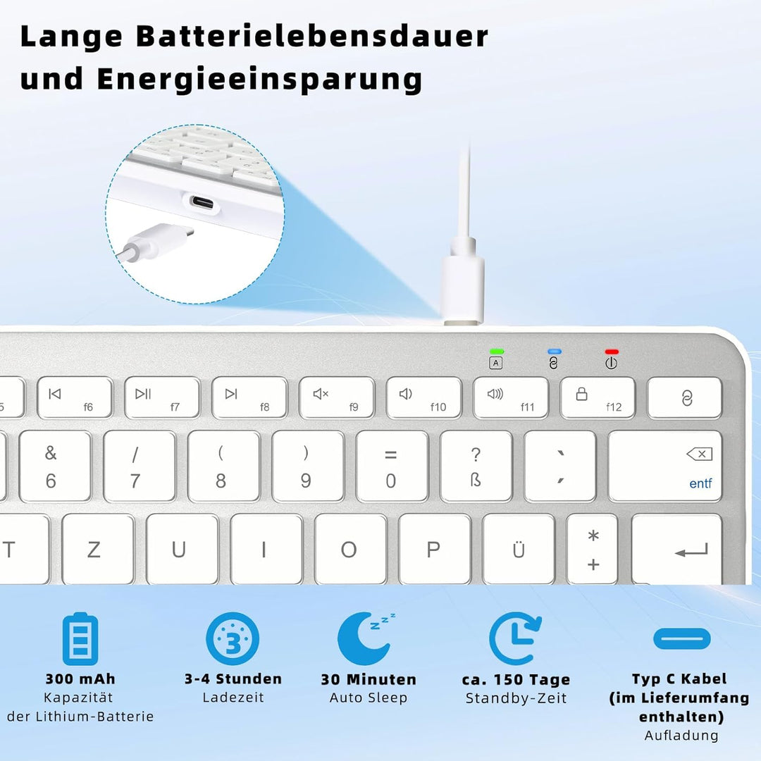Kabellose Bluetooth Tastatur, Wiederaufladbare Mini Type-C, Funk, Ultraslim Ergonomisches Design, De