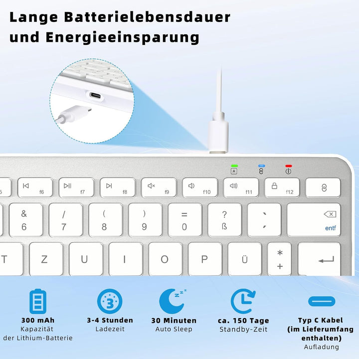Kabellose Bluetooth Tastatur, Wiederaufladbare Mini Type-C, Funk, Ultraslim Ergonomisches Design, De