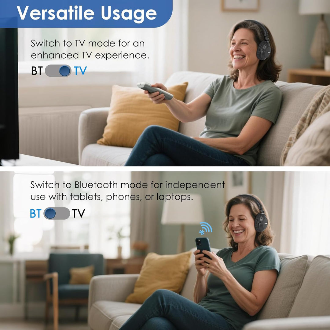 SIMOLIO 737D Plus - Kabelloser TV Kopfhörer zum Fernseher, Funkkopfhörer mit Kino & Dialogmodus, Blu