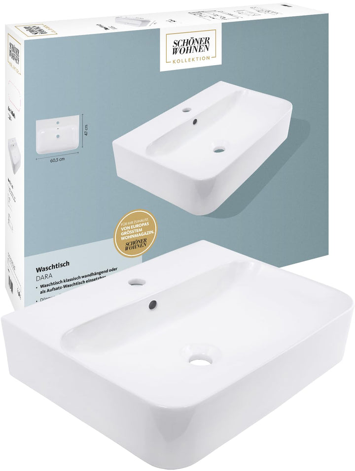 Schöner Wohnen Kollektion Waschbecken Dara 60,5 x 47 cm, Keramikwaschbecken Bad, Aufsatz- oder Wand-