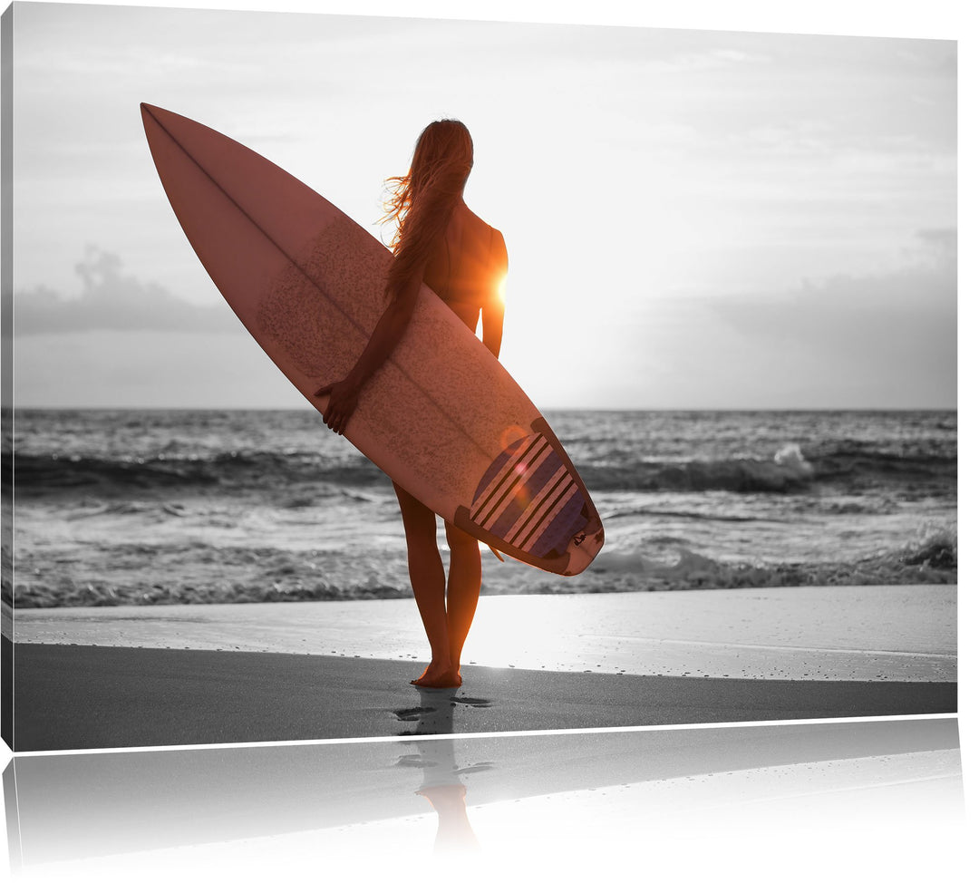 Pixxprint Surferin vor Sonnenuntergang als Leinwandbild/Grösse: 100x70 cm/Wandbild/Kunstdruck/fertig