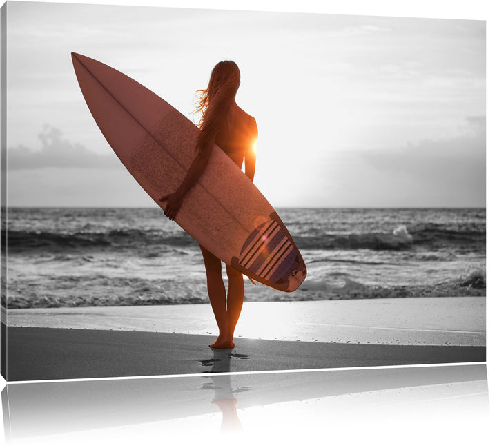 Pixxprint Surferin vor Sonnenuntergang als Leinwandbild/Grösse: 100x70 cm/Wandbild/Kunstdruck/fertig