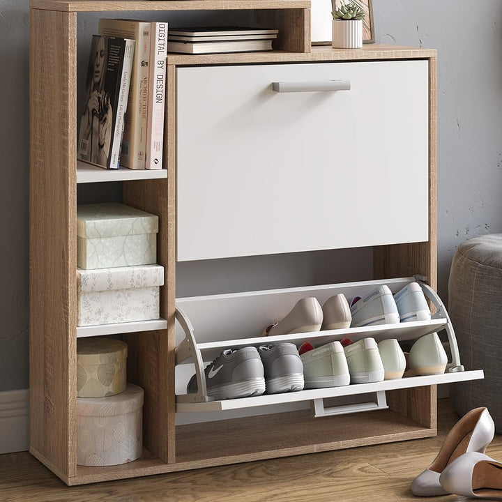Vicco Schuhkipper Orlando, Weiss/Sonoma, 24.5 x 90 cm, mit zwei Klappregalen zur platzsparenden Schu