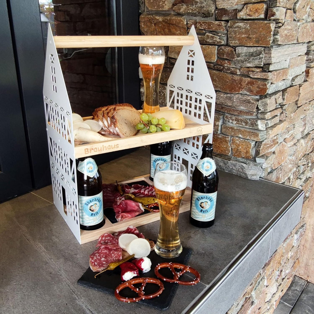 UNUS HOME Etagere Brauhaus, 2 Etagen mit Griff, für Bier, Snacks, Wurst und Käse mit 4 Flaschenhalte
