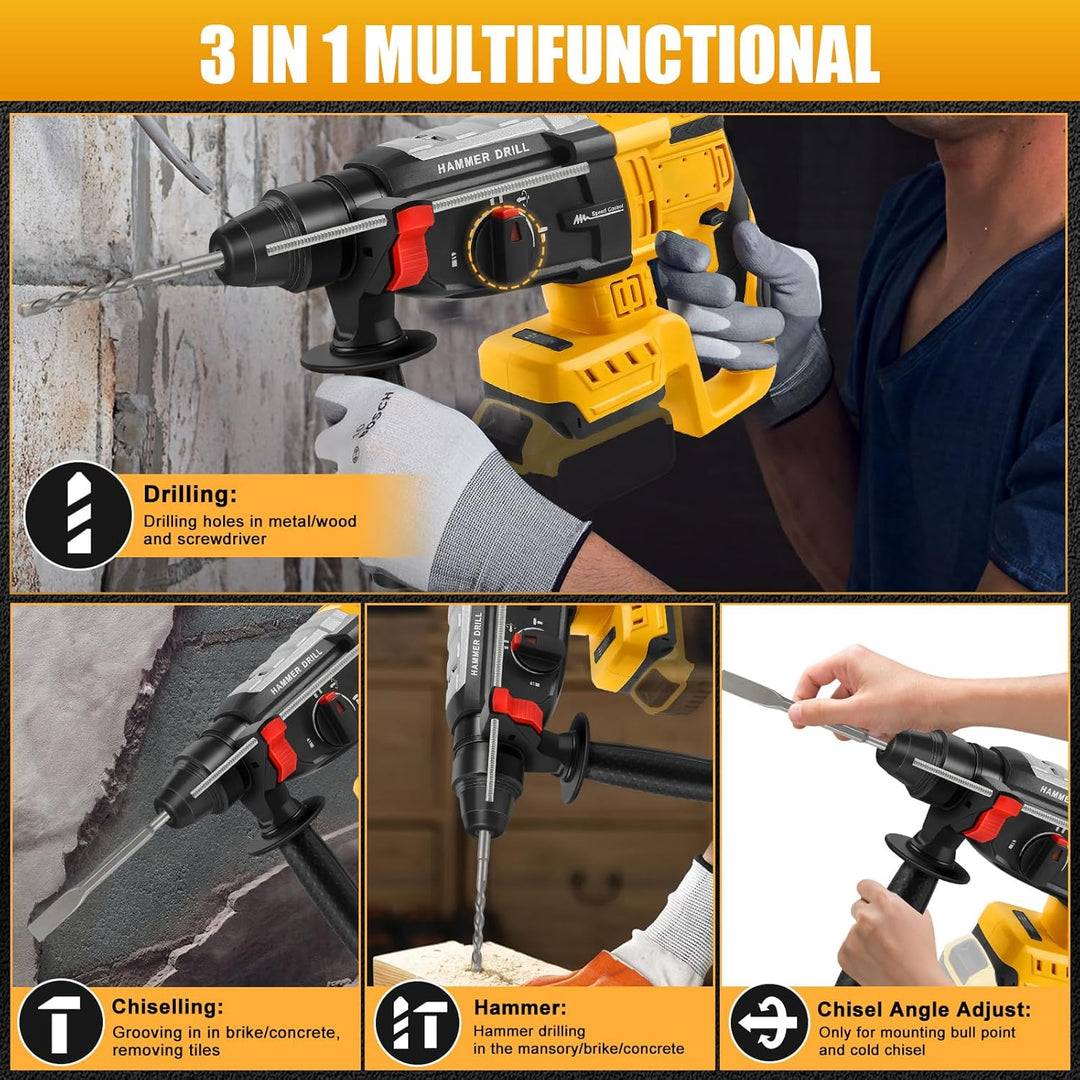 Roadtime Professional Bohrhammer 600W kompatibel mit DeWalt 20V Akku(ohne Akku),Abbruchhammer Geschw