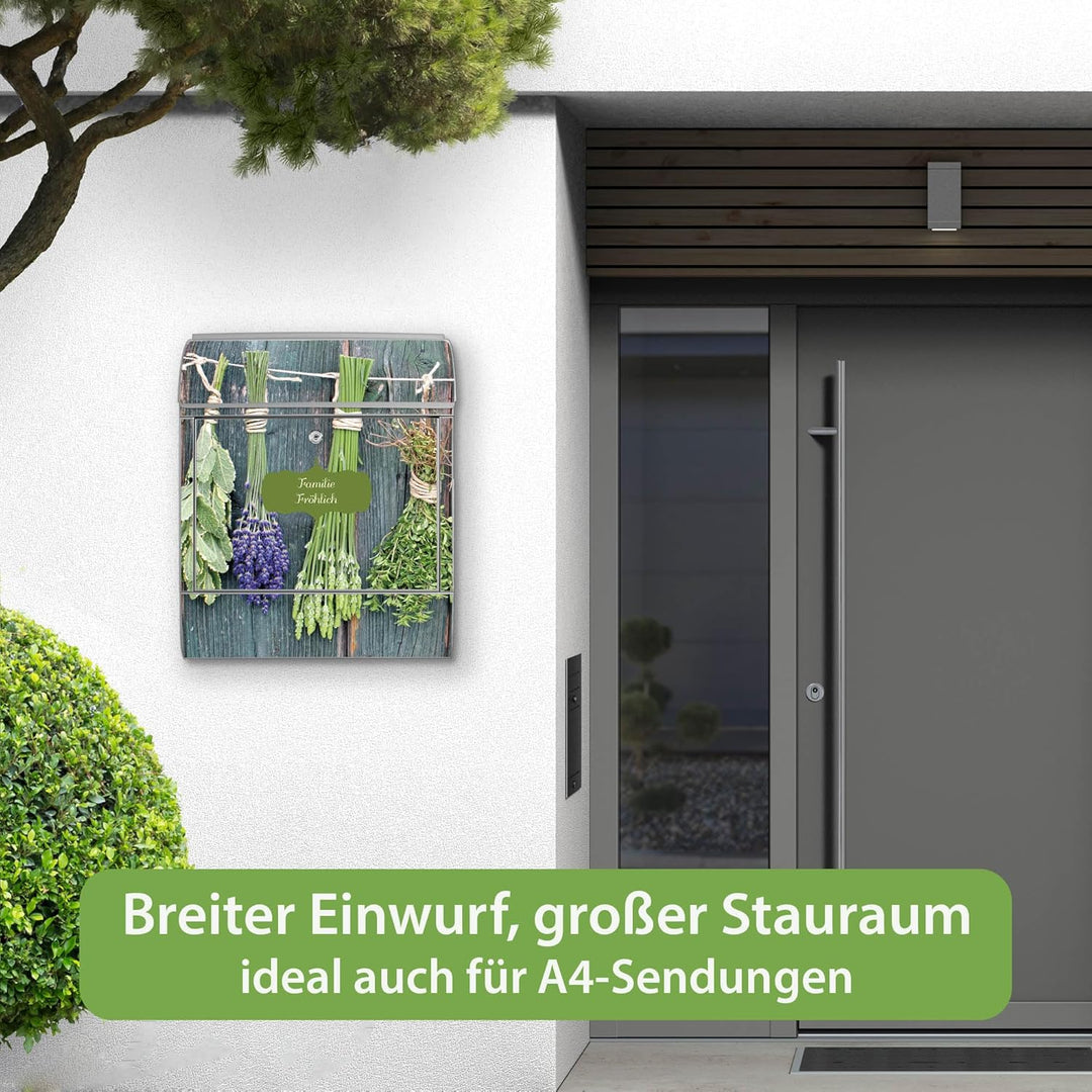 banjado® Design Briefkasten personalisiert mit Motiv Acht Kräuter 39x47x14cm & 2 Schlüssel - Briefka