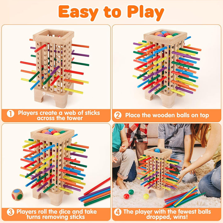 Japace Montessori Spiel Brettspiel aus Holz, 42 Stück Bunte Holzstäbchen Würfelspiel Mathematik Lern