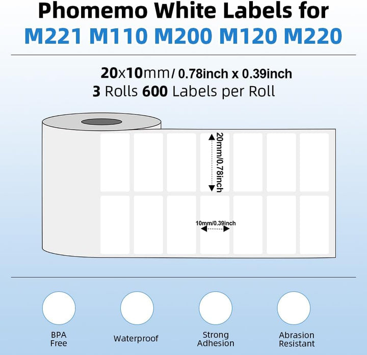 Phomemo M110/M220/M221/M200/M120/M100/M108/M150/M250/M260 Selbstklebende Etiketten, 3 Rollen 0.78" x