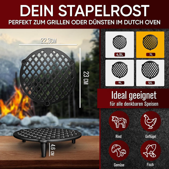 GUSSKÖNIG Gusseisen Stapelrost für 7 Liter Dutch Oven [Ø 22cm] - Einsatz für DutchOven - Staple Grat