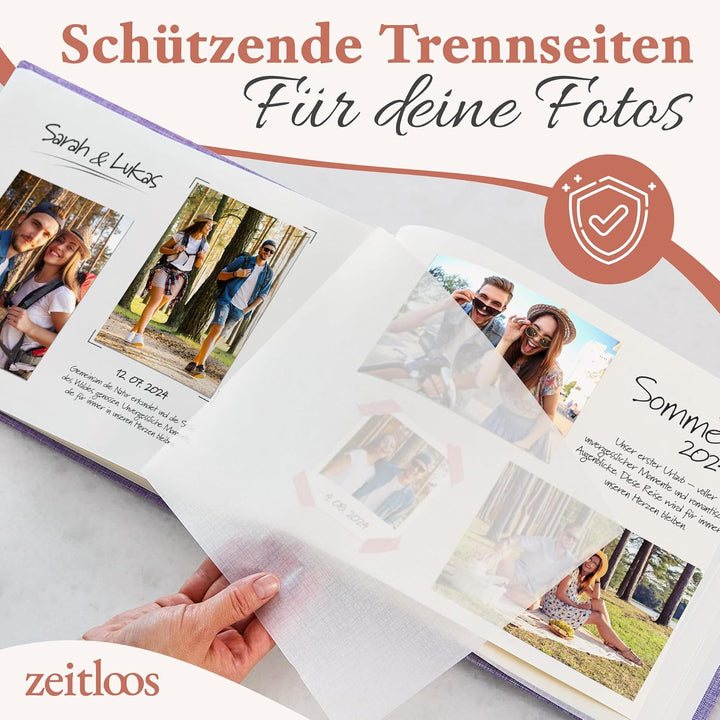 Fotoalbum zum Einkleben - Platz für 150 Fotos - echtes Leinen - Fotobuch 21 x 28 cm in Lila - 50 wei