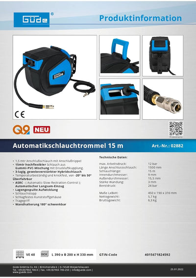 Güde 02882 Automatik Schlauchtrommel 15M (12 Bar max. Arbeitsdruck, 9,5mm Innendurchmesser, 3mm Stär