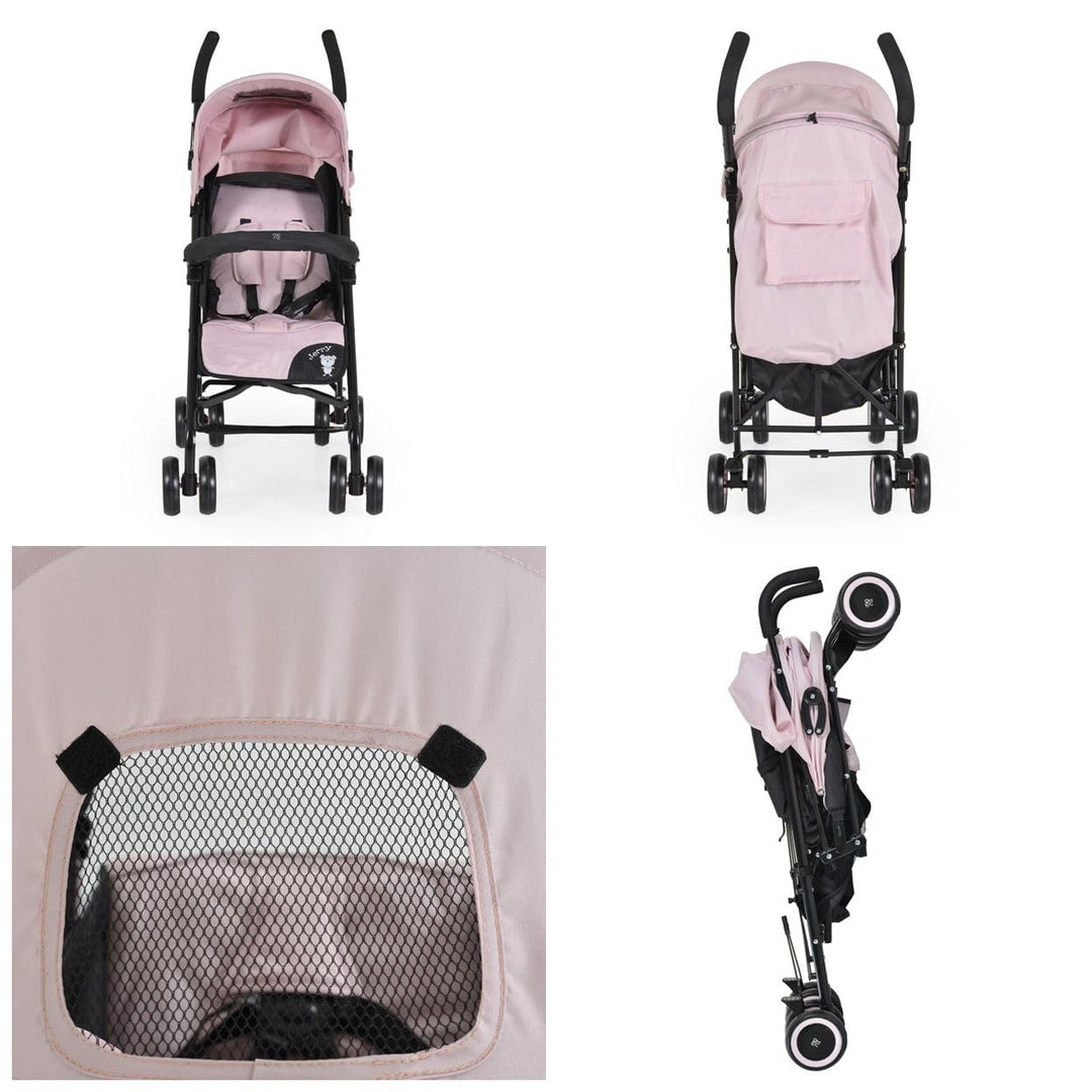 Moni Kinderwagen, Buggy Jerry, Sonnendach, schwenkbare Vorderräder, EVA-Räder rosa schwarz, rosa sch