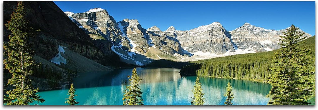 Wandbild auf Leinwand als Panorama in 150x50cm Nationalpark Berge Waldsee Bäume Schnee