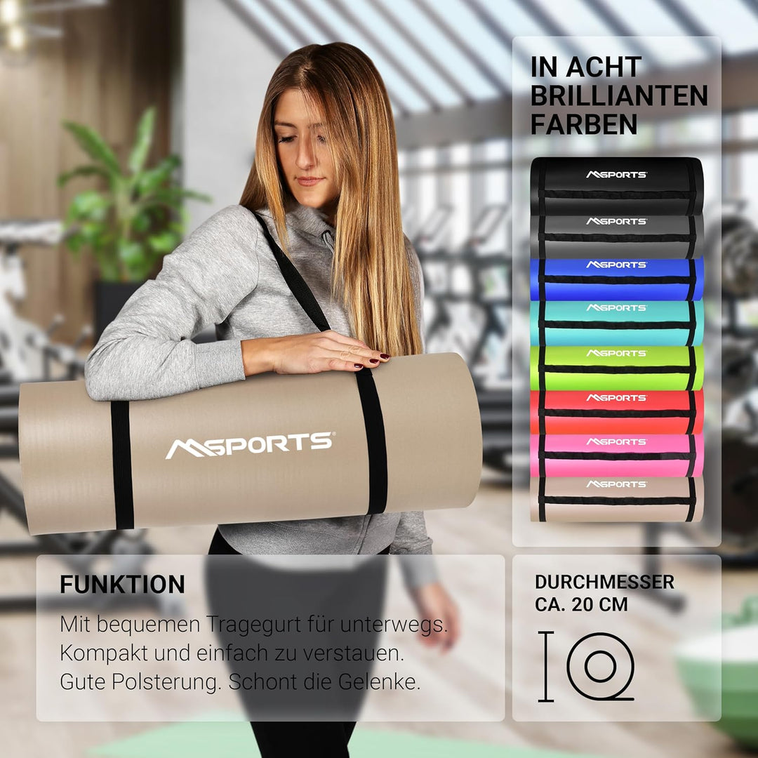 MSPORTS Gymnastikmatte Studio 183 x 61 x 1,0 oder 1,5 cm | inkl. Übungsposter und Tragegurte | Hautf