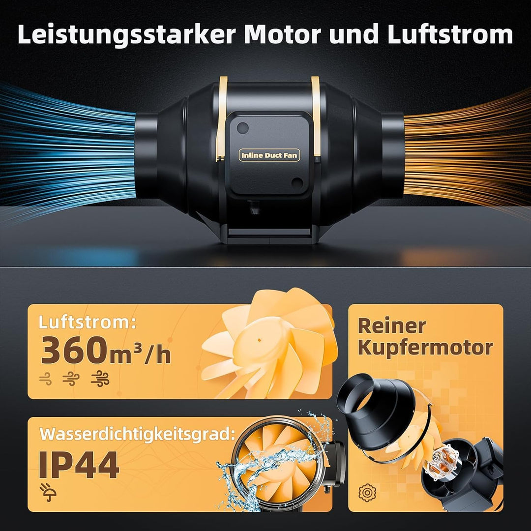 Regelbarer Rohrventilator 100mm mit Drehzahlregler, leiser Inline Abluftventilator Belüftung mit Dop