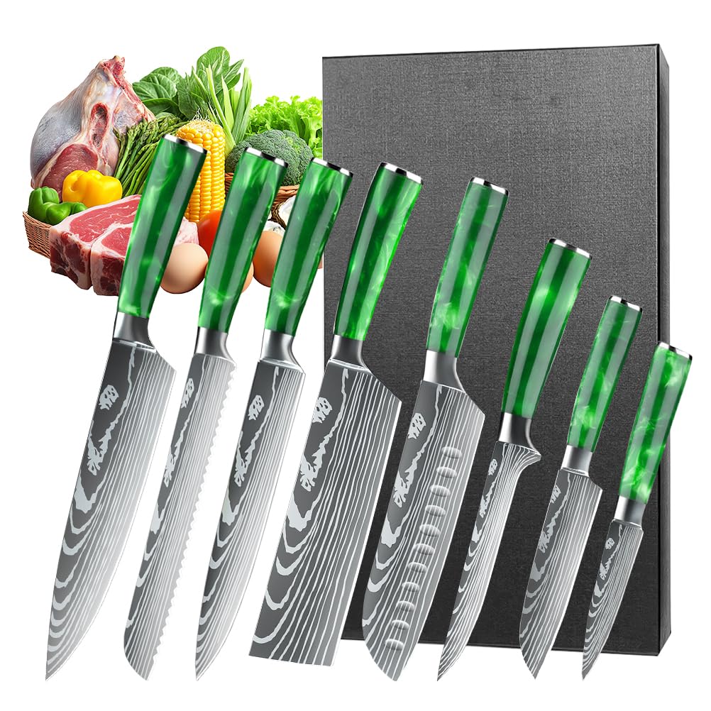 KEPEAK Messerset 8 - tlg Küchenmesser Set aus Hochwertigem Carbon Edelstahl, Ultra Scharf mit Brotme