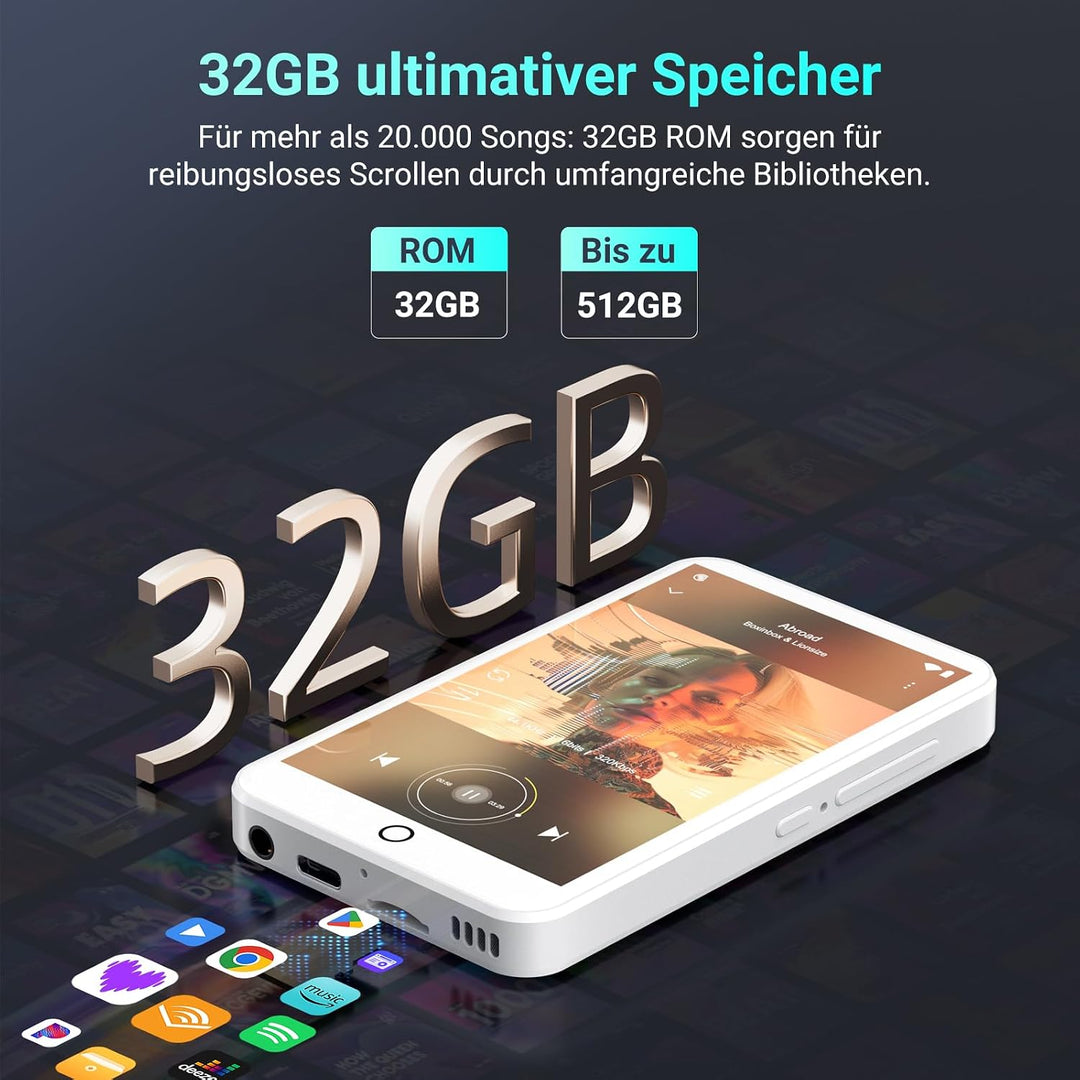 32GB MP3 Player with Bluetooth, WLAN und 4 Inch Touchscreen, White White 32, White 32
