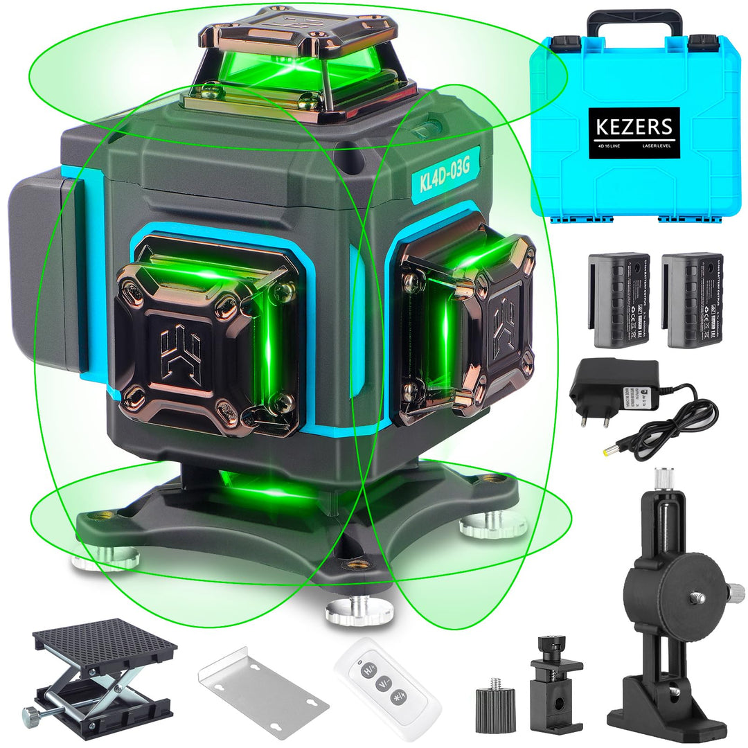 KEZERS Kreuzlinienlaser Grün 4x360°, Selbstnivellierend Laser Wasserwaage 16 Linien, Kreuzlaser mit