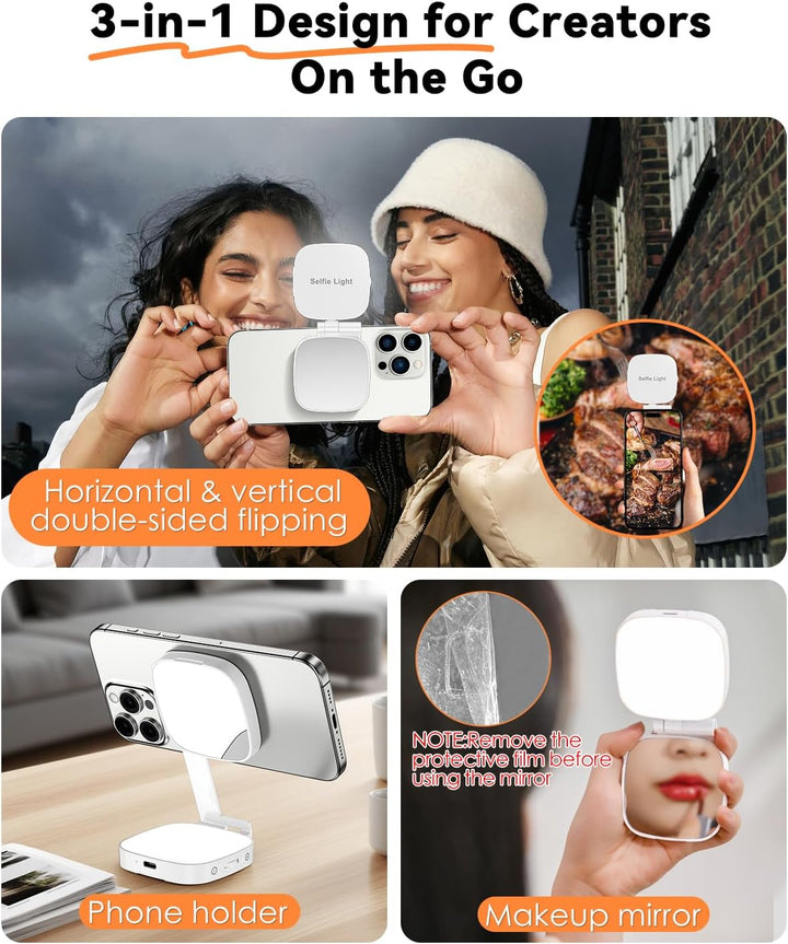 CloudValley Magnetisches Selfie Licht mit Spiegel, 3-in-1 Tragbares LED Ringlicht für iPhone & Andro