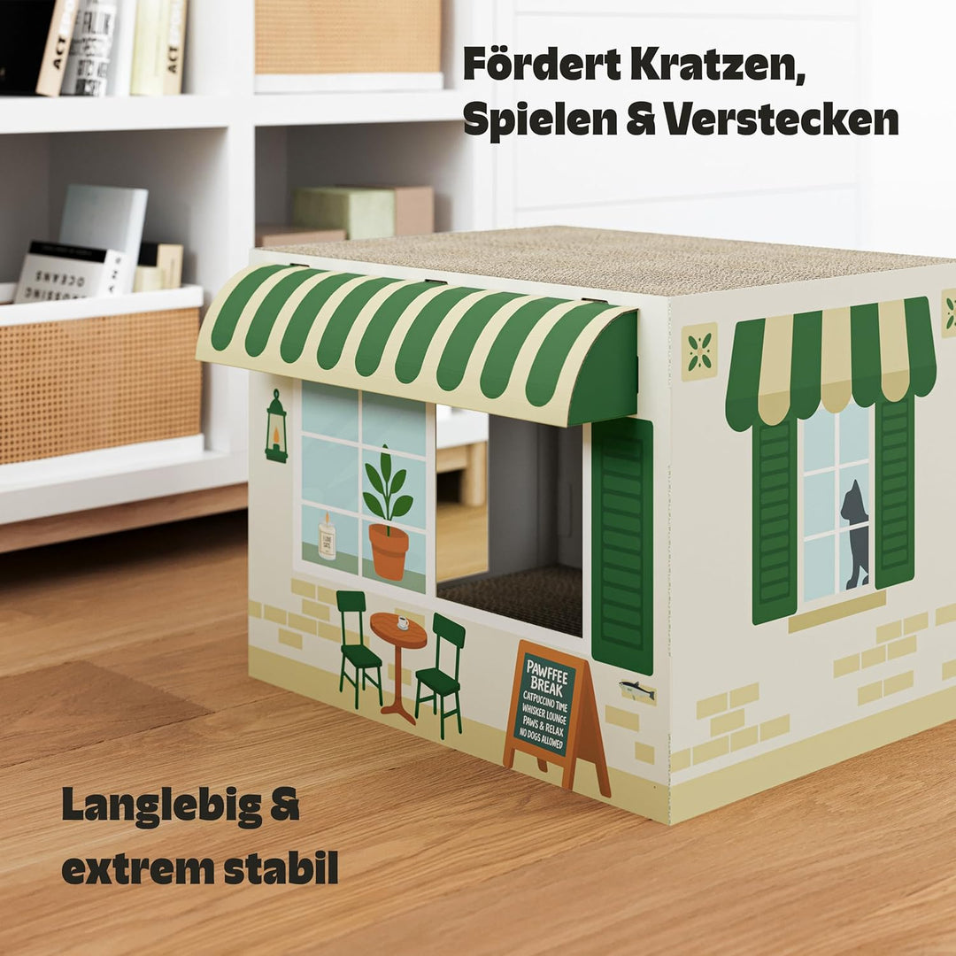 Cat's Palace Katzenhaus Coffeecat Café aus Pappe – Katzenhöhle mit Kratzbrett | Kratzmöbel & Rückzug