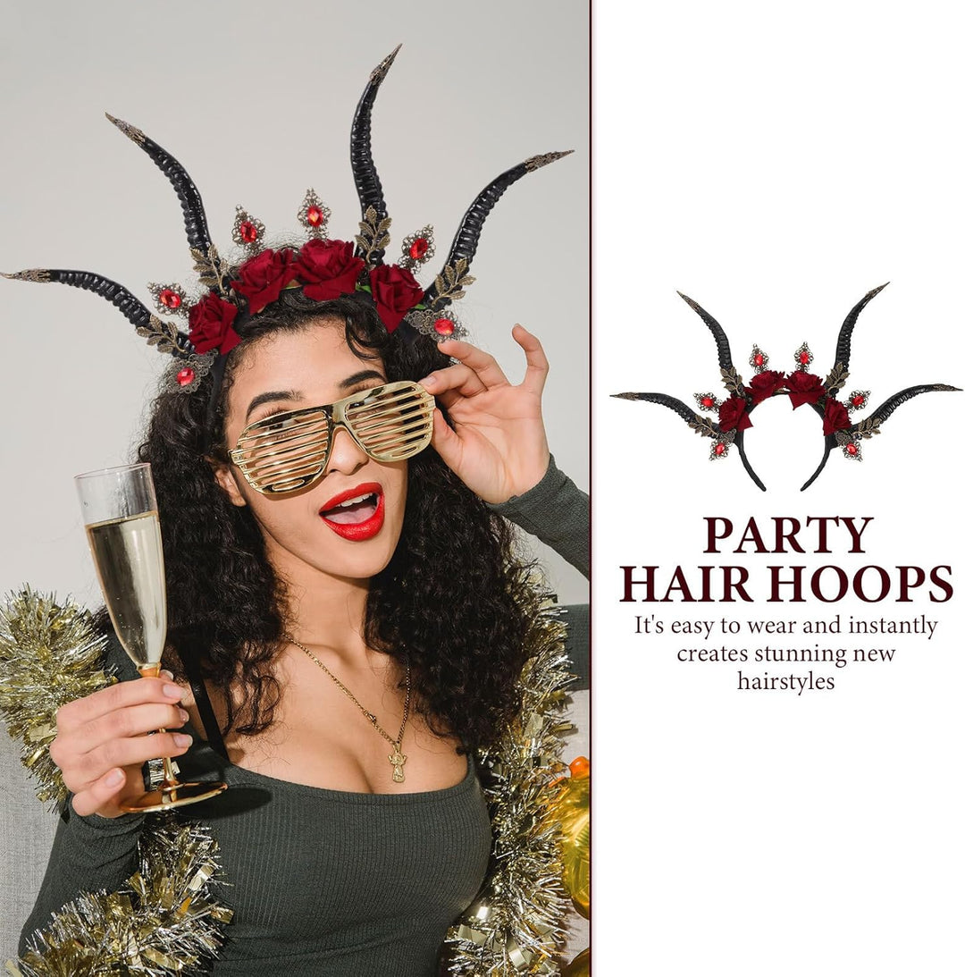 Beavorty Halloween Horn Stirnband Rosen Girlande Gothic Haarband Gothic Dämon Kristall Kopfschmuck W