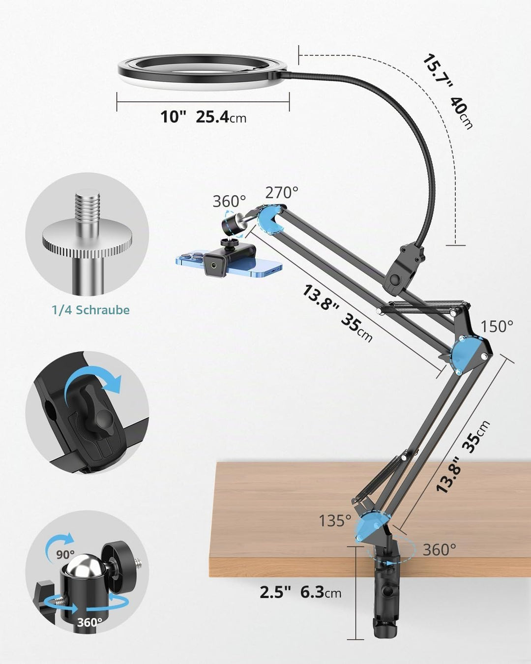 UBeesize 10" Ringlicht Overhead Stativ Handy Flexibler Schlauch Handy Stativ mit Ringlicht Tisch Kam