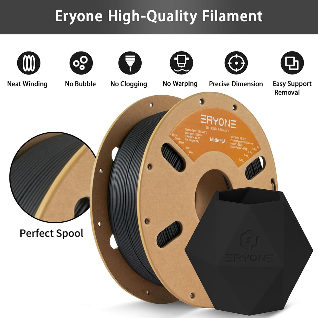 ERYONE Matte PLA 3D Drucker Filament 1.75mm, Massgenauigkeit +/- 0.03 mm, 1 kg 1 Spule, Matte Schwar