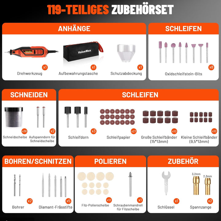 ValueMax Multifunktionswerkzeug 130W, Rotationswerkzeug mit 120 Zubehör, mini Graviergerät 5 Variabl