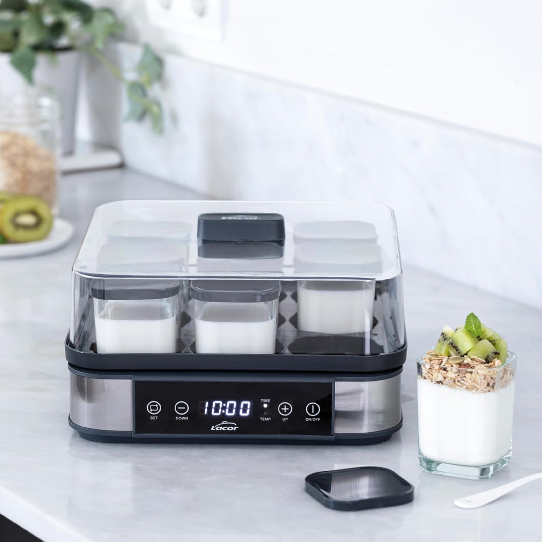 Lacor - 69439 - Deva Joghurtbereiter aus Glas, 9 Gläser im Lieferumfang Enthalten, Einstellbare Temp