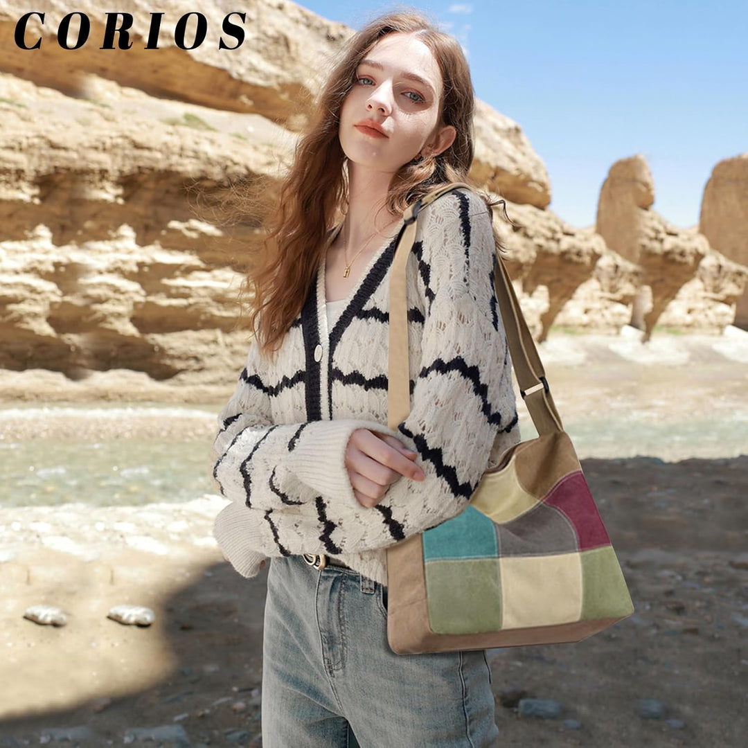 CORIOS Damen Canvas Schultertasche Mehrfarbig Spleiss Umhängetasche Grosse Tragetasche Henkeltaschen
