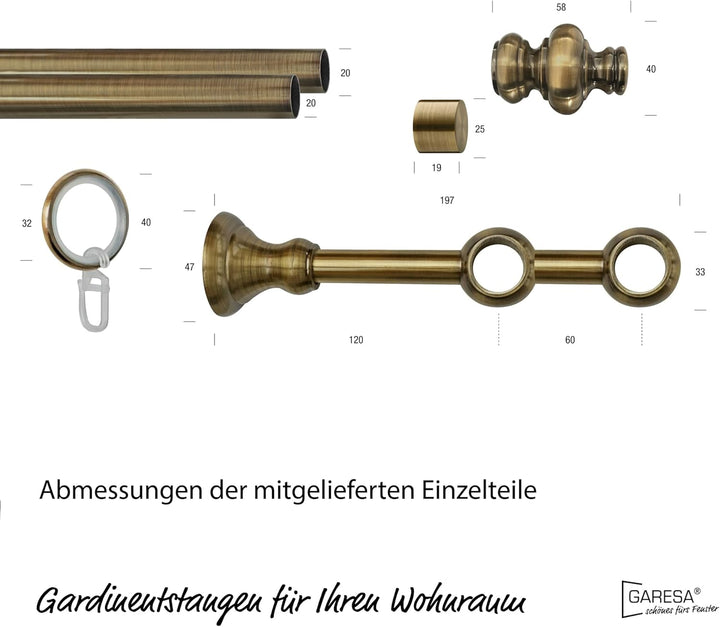 Garesa Gardinenstange Andrea Ø 20mm, 2-läufig, Messing, antik I Stabile Vorhangstange inkl. Ringe +