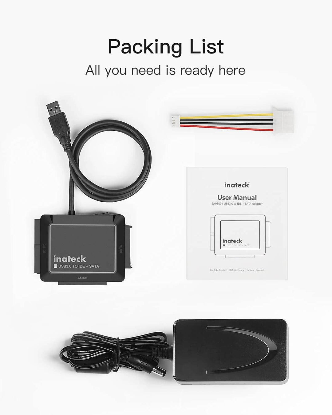 Inateck IDE SATA to USB 3.0 Adapter für 2.5/3.5 Zoll HDD/SSD Festplatten, mit 12V/2A Stromversorgung