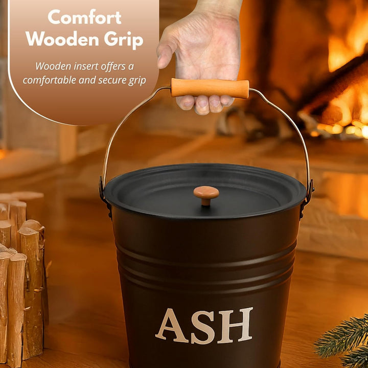 Ascheeimer aus Metall, Eimer mit Deckel, dunkelgrau, 12 Liter, ideal als Kamin, Holzofen und Grill Z