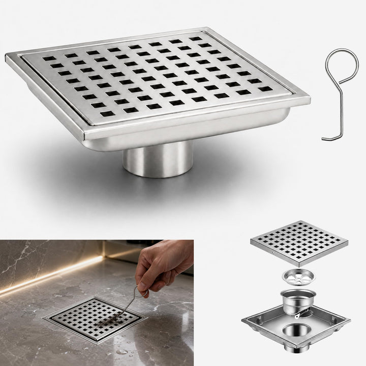 15x15CM Bodenablauf Duschrinne Quadratisch mit Geruchsstop | 2 in1 Befliesbar Ablaufrinne Duschablau