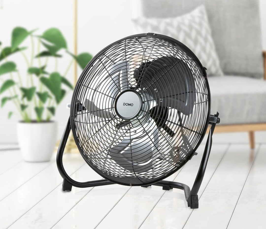 DOMO Bodenventilator komplett aus mattschwarzem Metall, 3 Geschwindigkeiten + Stopp, veränderbare Sc