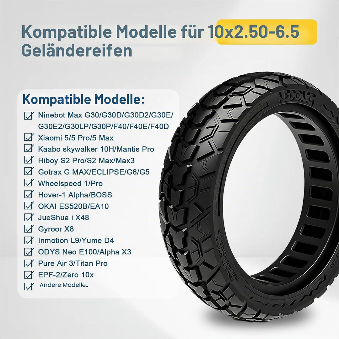 60/70-6.5 Solid Reifen 10x2.50 vollgummireifen Geländereifen für Ninebot Max G30/G30 D2/F2 Pro D/E3