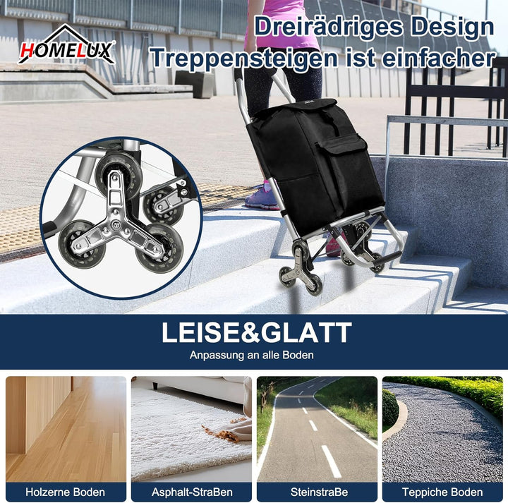 Einkaufstrolley 41L mit Dreiecks-Treppenrädern, Klappbar Einkaufswagen 50kg Belastbar, Abnehmbare Wa