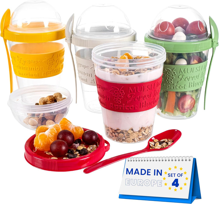 spar-home® 4er Set Joghurtbecher To Go 600ml –Müslibecher To Go mit Löffel Müsli To Go Becher mit De