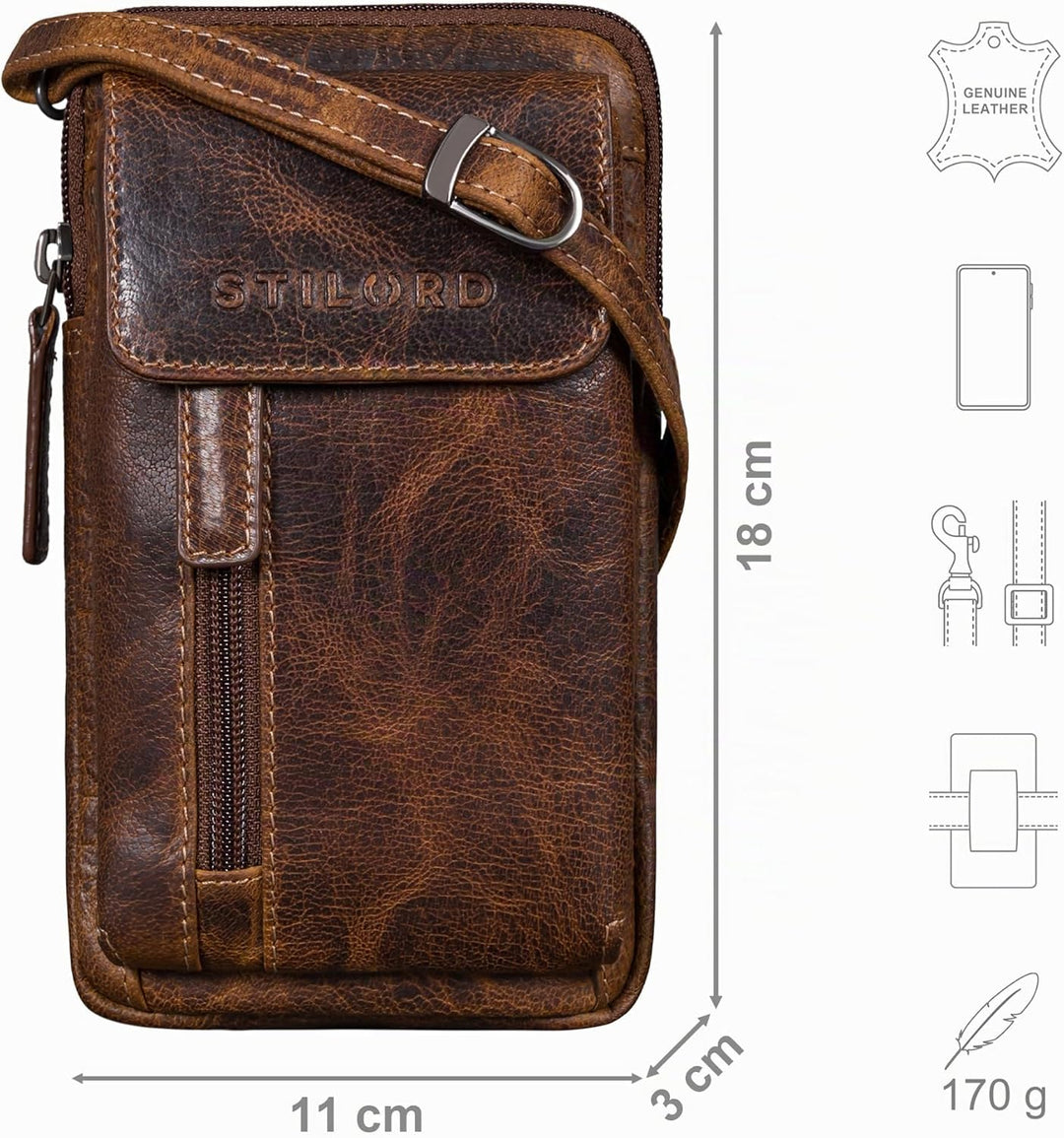 STILORD Mael 2-in-1 Umhängetasche Herren Leder Handytasche zum Umhängen Gürteltasche Brusttasche - S