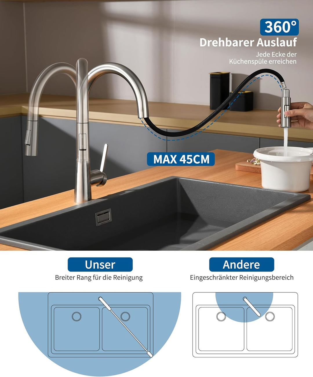 Wasserhahn Küche Ausziehbar, Hochdruck Küchenarmatu mit Herausziehbarer Brause Armatur, Mischbatteri