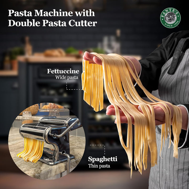 Fante's Doppelschneider Classic Pasta Maker, Handkurbel Nudelpresse mit einstellbaren Dickeneinstell
