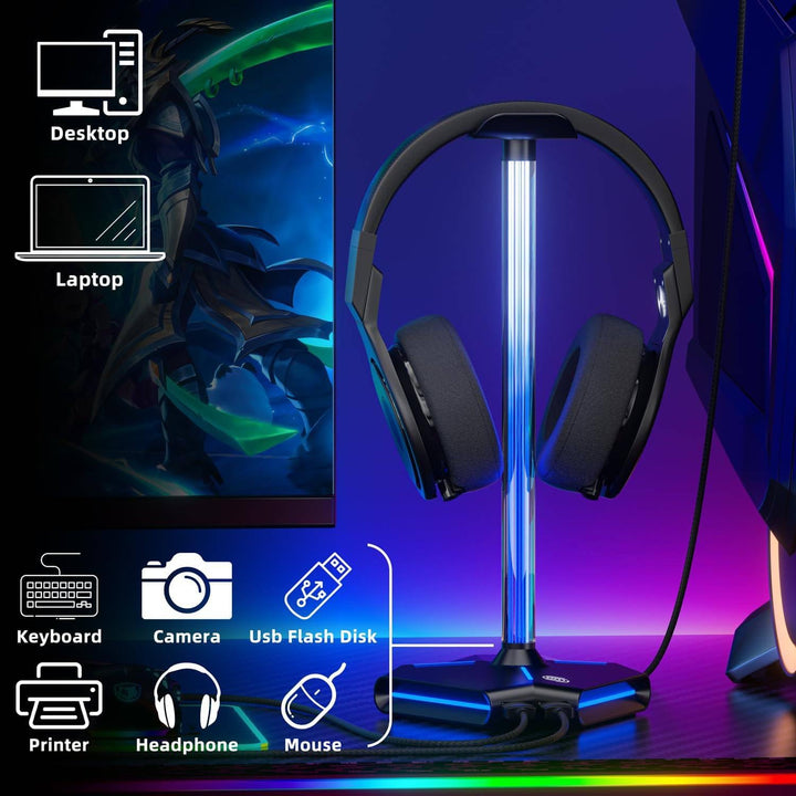 ALACOO RGB Kopfhörer Ständer, Headset Halterung Halter mit 2 USB 2.0-Anschlüssen, Typ C Eingang & Au