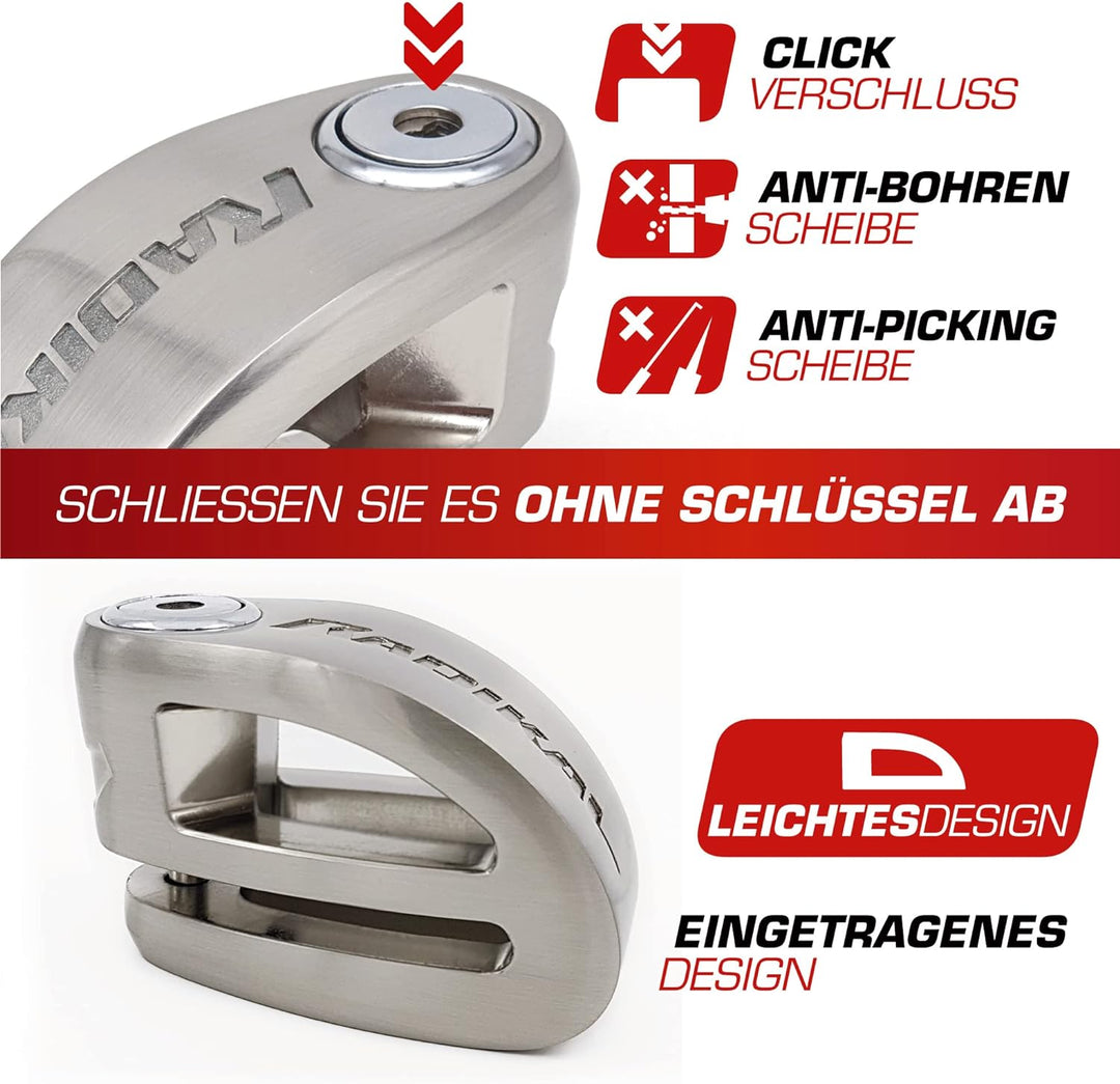 RADIKAL RK306S Bremsscheibenschloss Motorrad, Diebstahlsicherung ø6 Schliessbolzen aus gehärtetem St