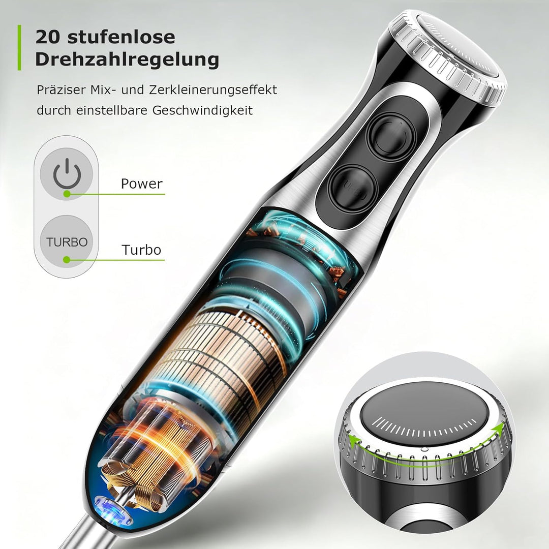 Bonsenkitchen Stabmixer 4-in-1, 1000W Elektrischer Pürierstab mit stufenloser Geschwindigkeitsregelu