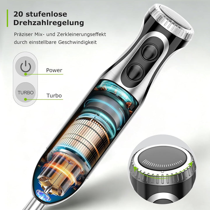 Bonsenkitchen Stabmixer 4-in-1, 1000W Elektrischer Pürierstab mit stufenloser Geschwindigkeitsregelu