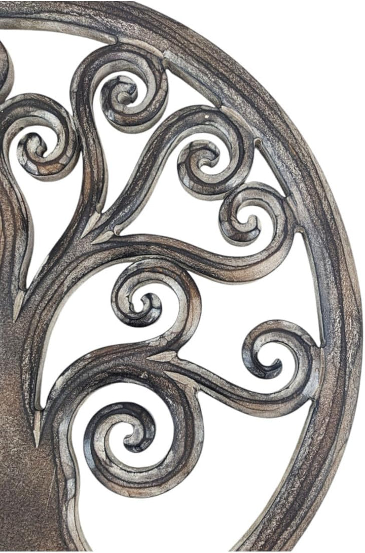 Coco Papaya Wanddekoration, Durchmesser 40 cm, Baum des Lebens, geschnitztes Holz, braun gekalkt