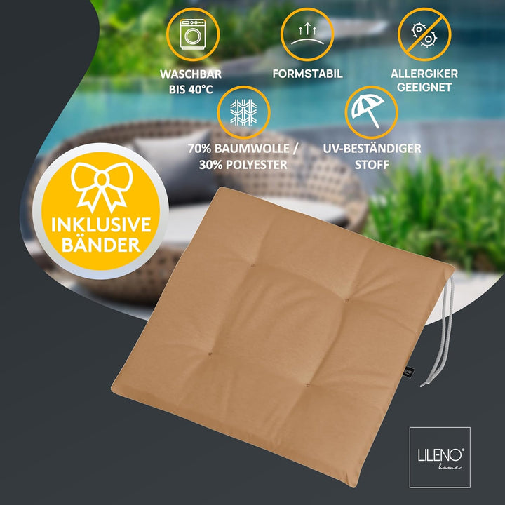 LILENO HOME 6er Set Stuhlkissen Caramell (40x40x4,5 cm) - Sitzkissen für Gartenstuhl, Küche oder Ess