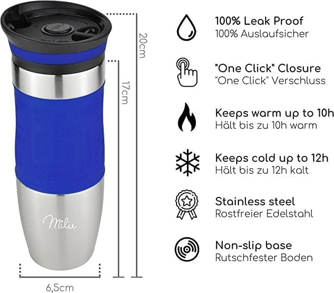 Milu Thermobecher Kaffee to go 370ml, 450ml Isolierbecher Kaffeebecher - 100% Auslaufsicher - Trinkb
